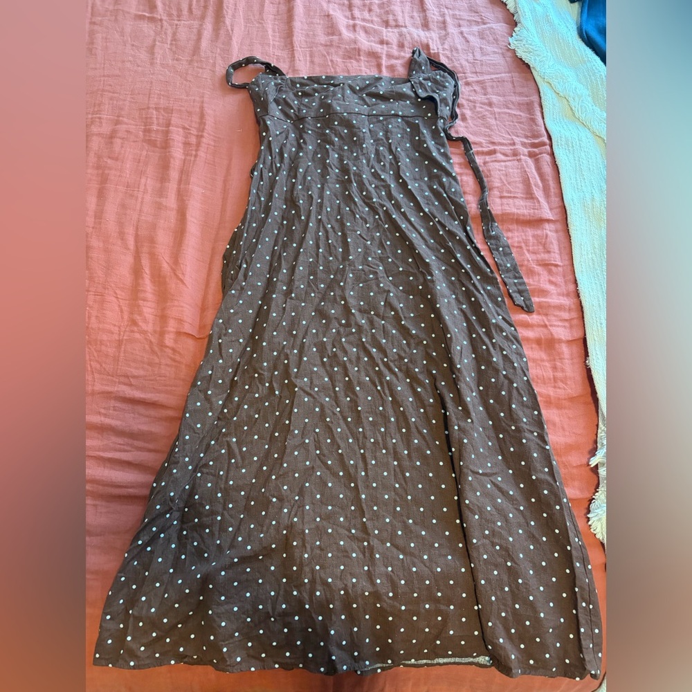 Zara brown linen polka dot halter midi dress - Picture 3 of 6
